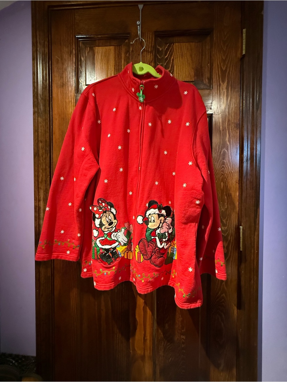 Disney Red Fleece Christmas Mickey & friends Zip-Up with Green Zipper Accent